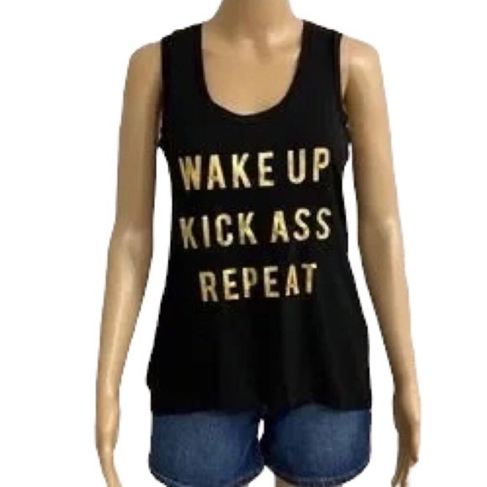 Unbranded Workout Tank Top Black Gold Graphic Wake Up Kick Ass Repeat Size Small